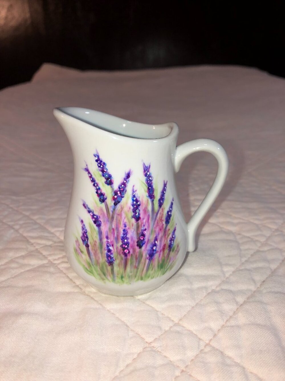 White Ceramic Creamer Pitcher with hand painted Purple Lavender floral design
